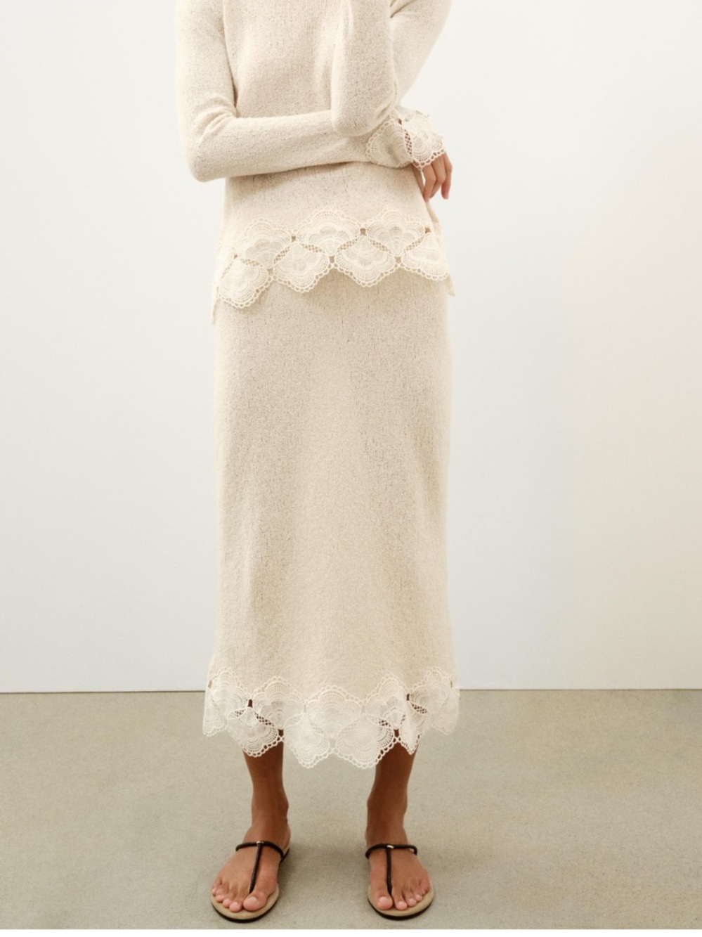 ZARA Cream Lace-Trim Knit Midi Skirt